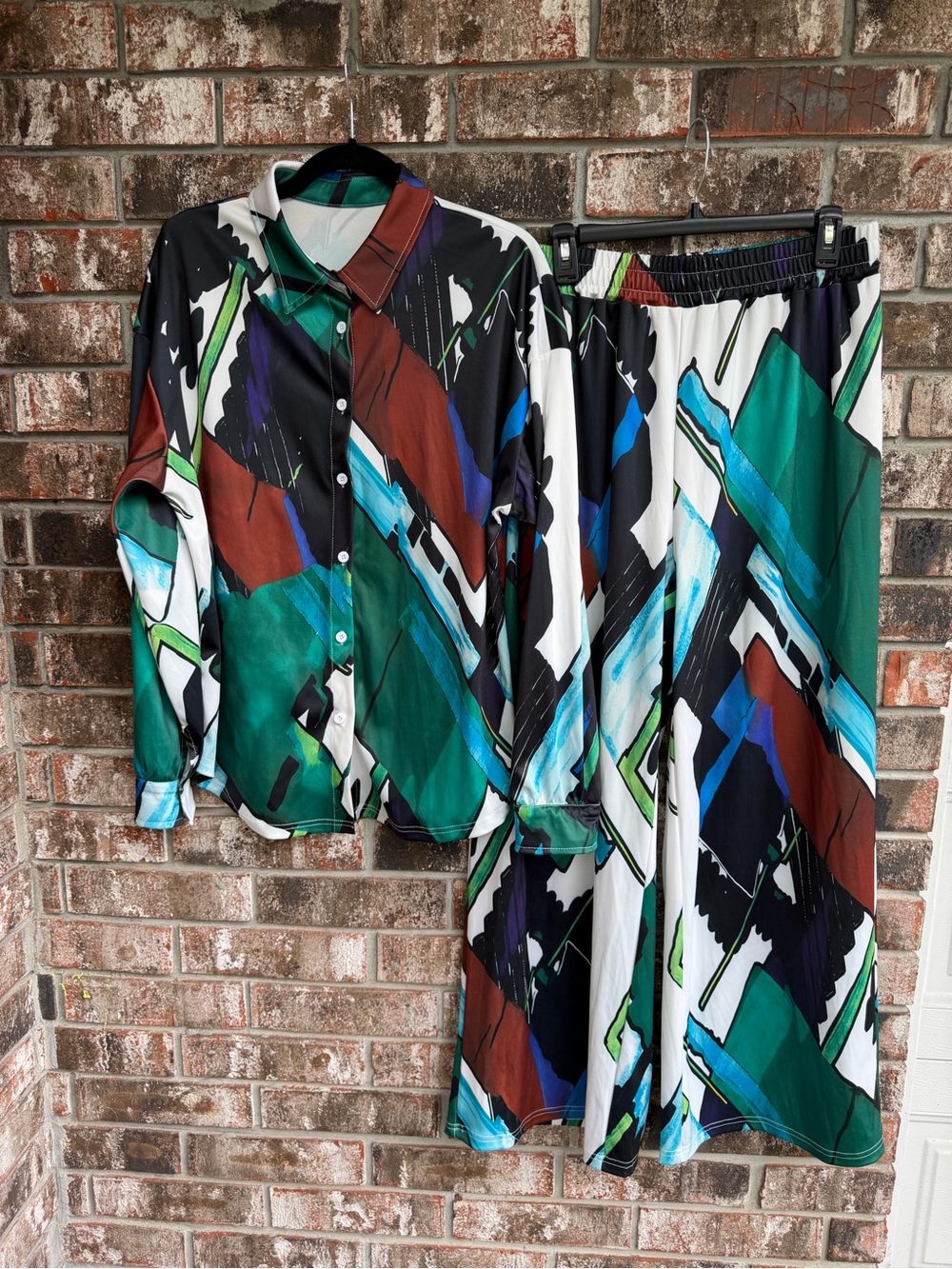 Abstract Print Women’s Button-Up Top and Wide-Leg Pants Set - Green Multi